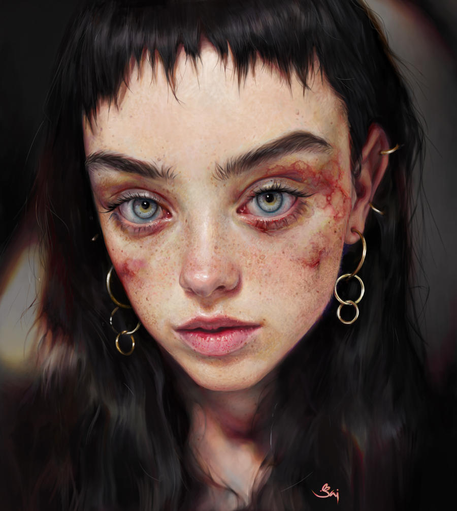 Фото Темноволосая девушка с кровоподтеками на лице и шее By Elenasai
