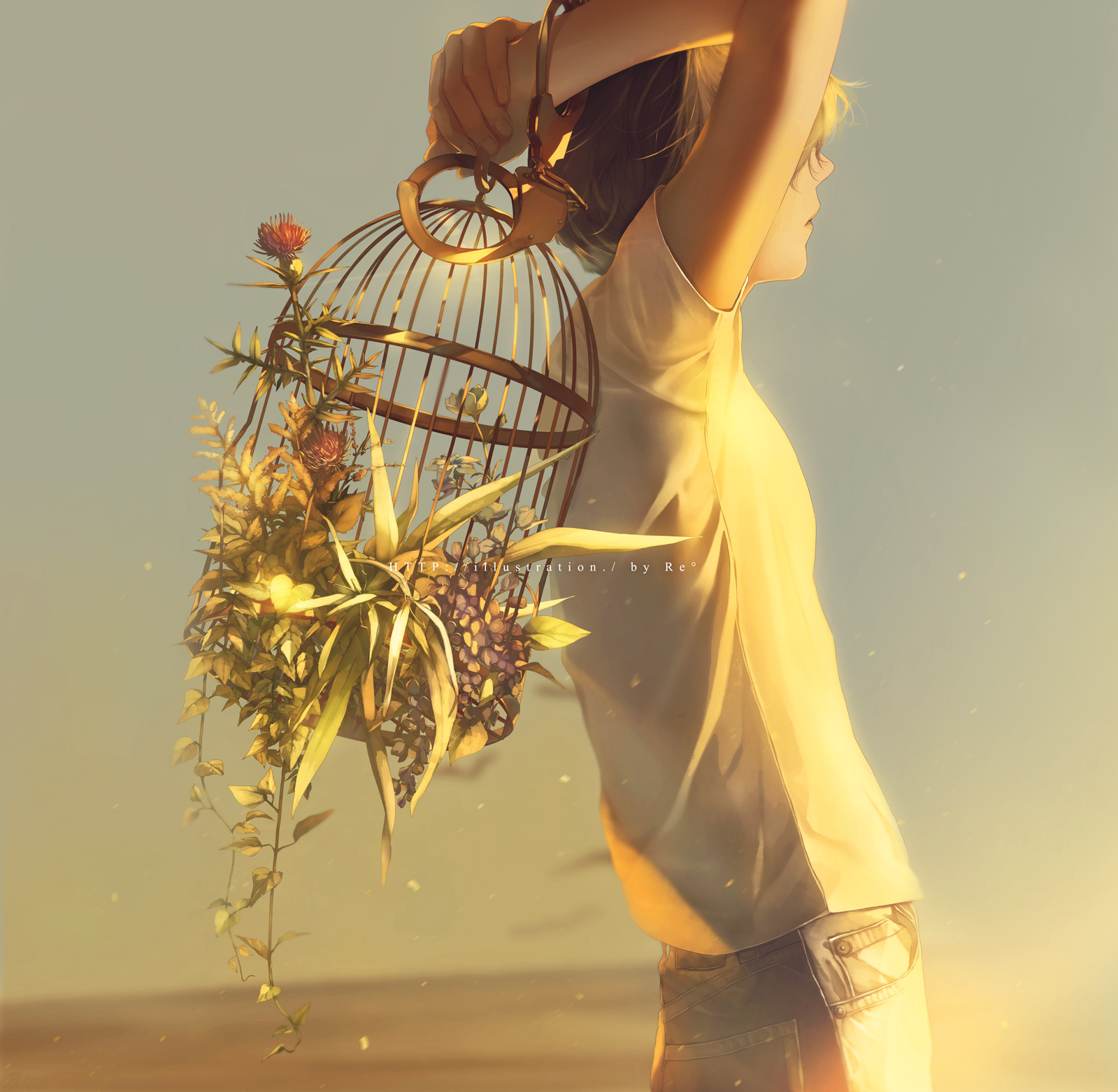 Фото Парень держит в руках клетку с сухими цветами и листьями, by Re°