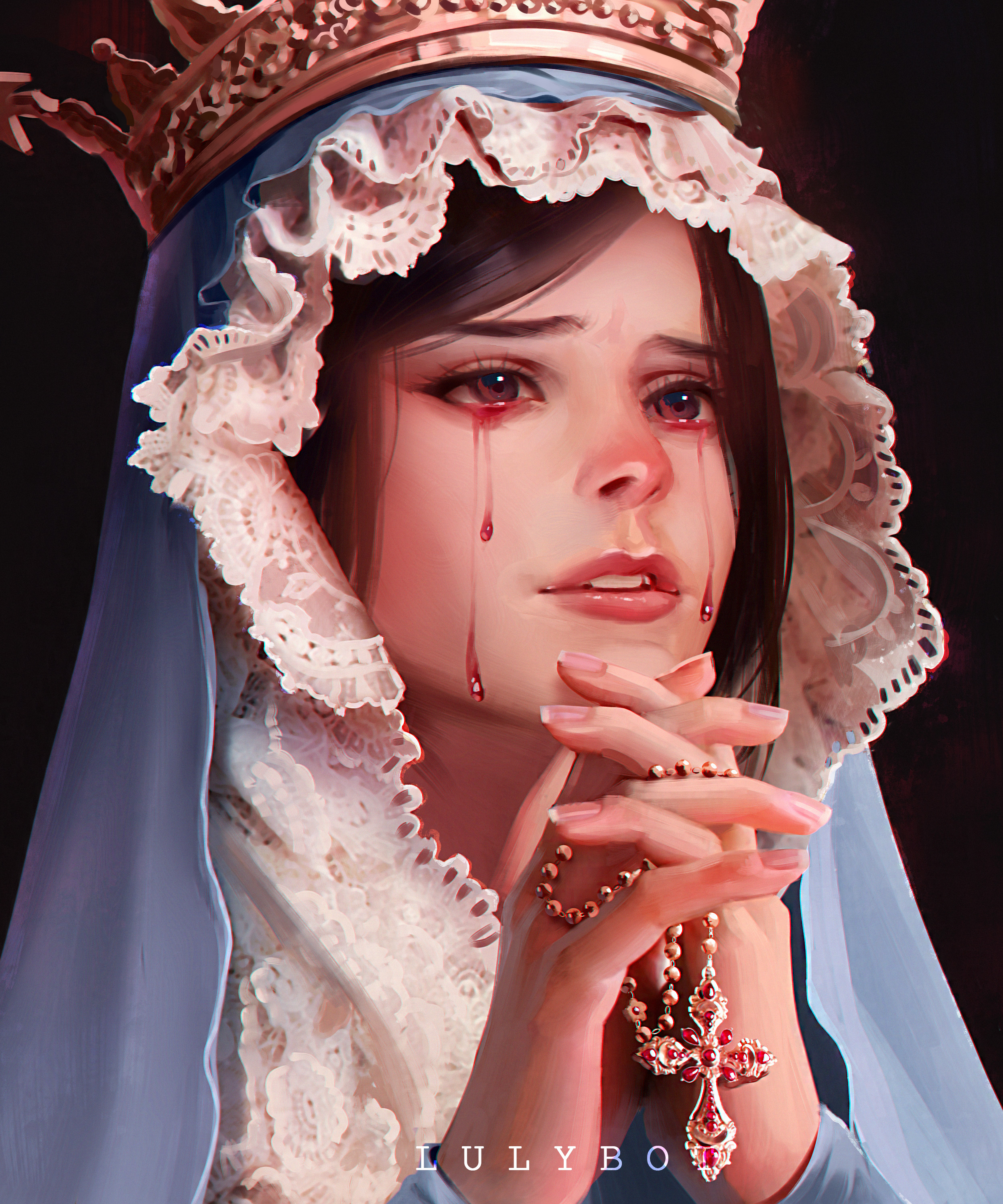 Фото Девушка в короне с крестом в руках плачет кровавыми слезами, by Lulybot