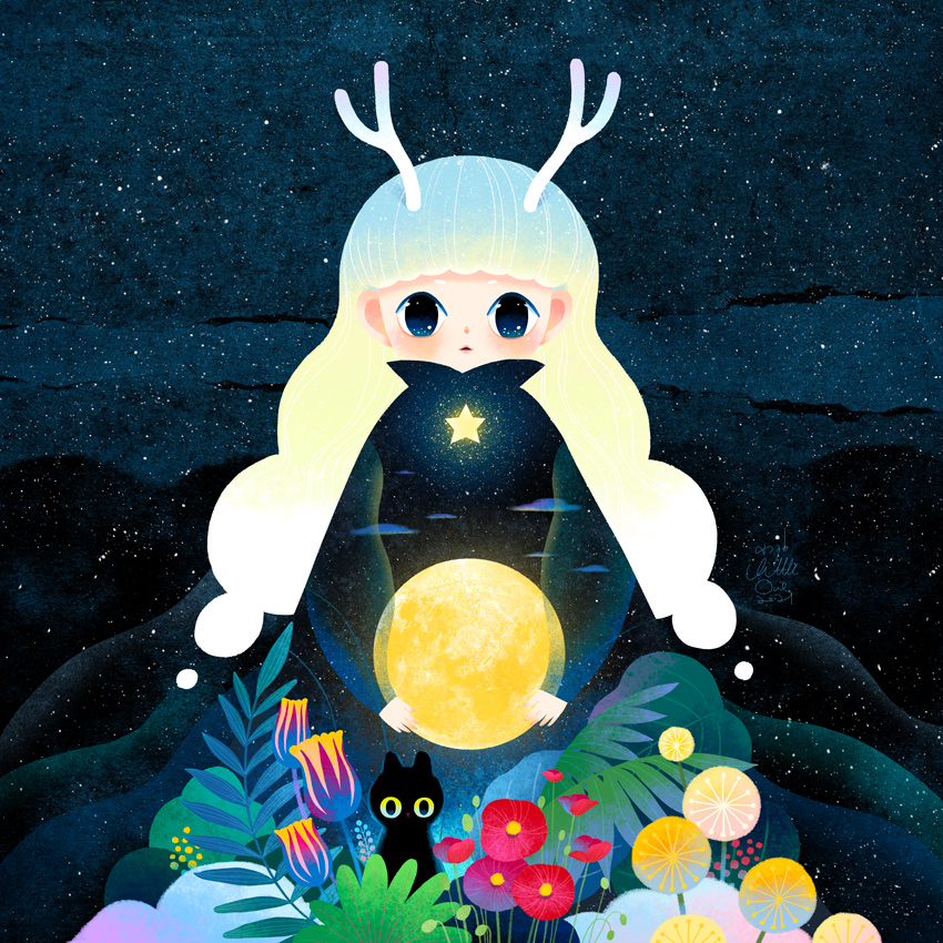 Фото Девочка с рожками держит в руках луну, перед ней в цветах сидит черный котенок, by minayuyu