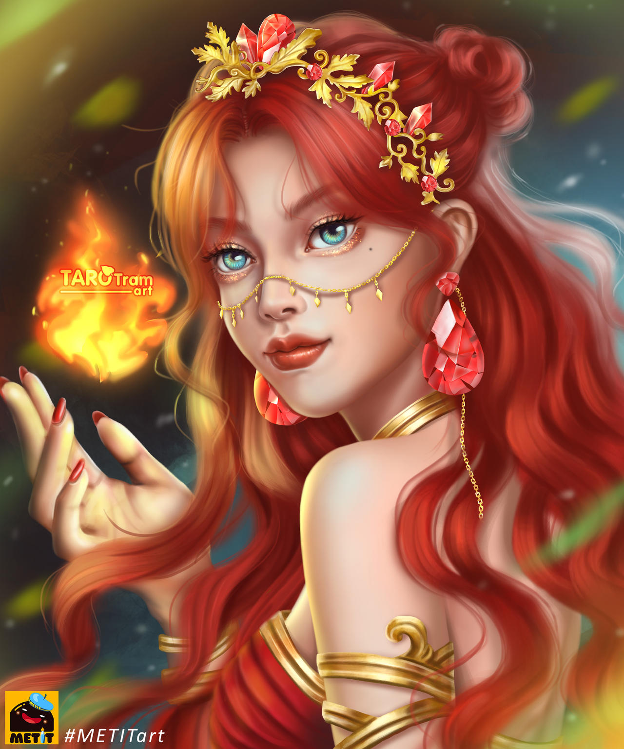Фото Рыжеволосая голубоглазая девушка с короной, с магией огня, by TaroTram