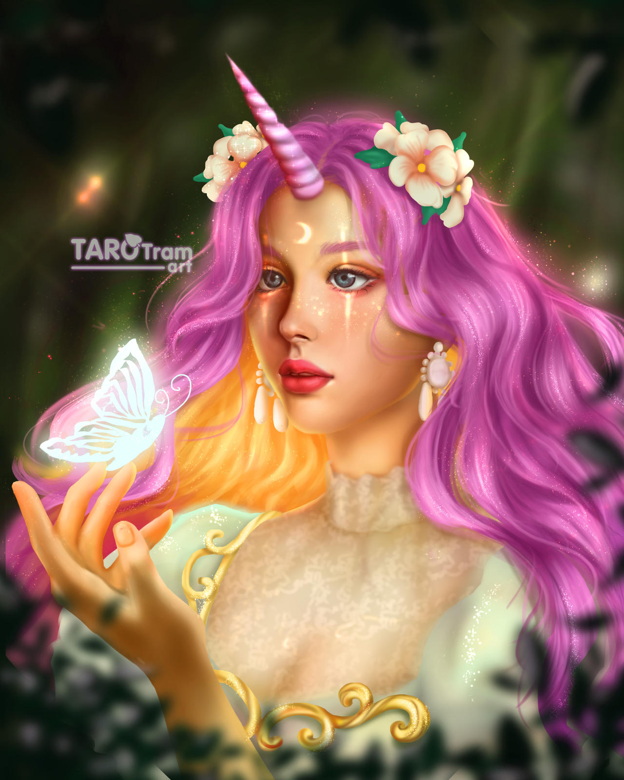 Фото Голубоглазая девушка-единорог, с длинными розовыми волосами, на пальцах сидит светящаяся бабочка, by TaroTram