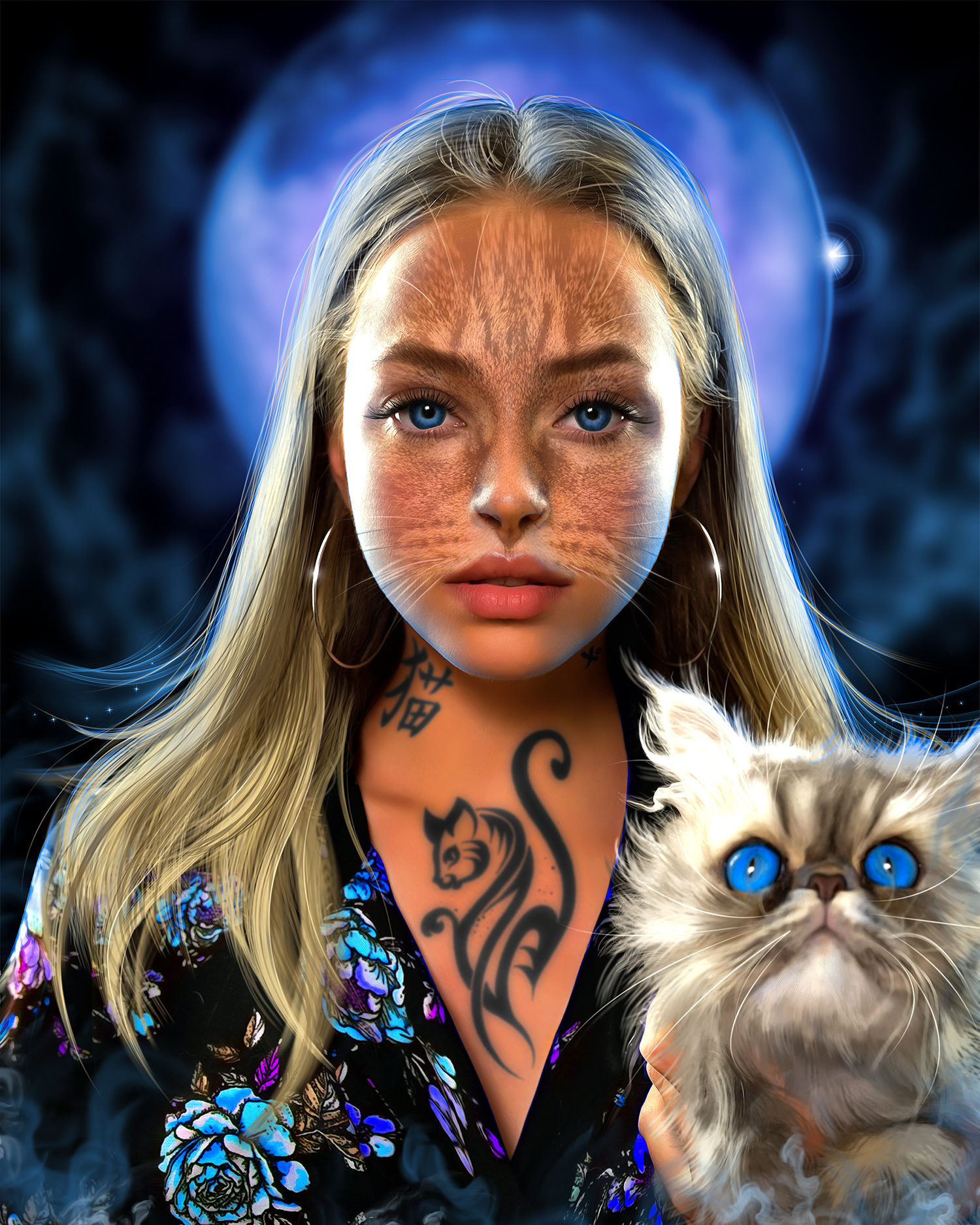 Фото Фото девушки - кошки с распущенными волосами, с тату на шее и груди и пушистым серым котом, на фоне голубой луны