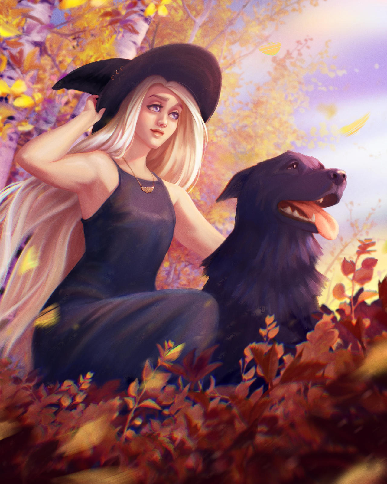 Фото Девушка со светлыми длинными волосами и в черной шапке, с черным песелем в лесу