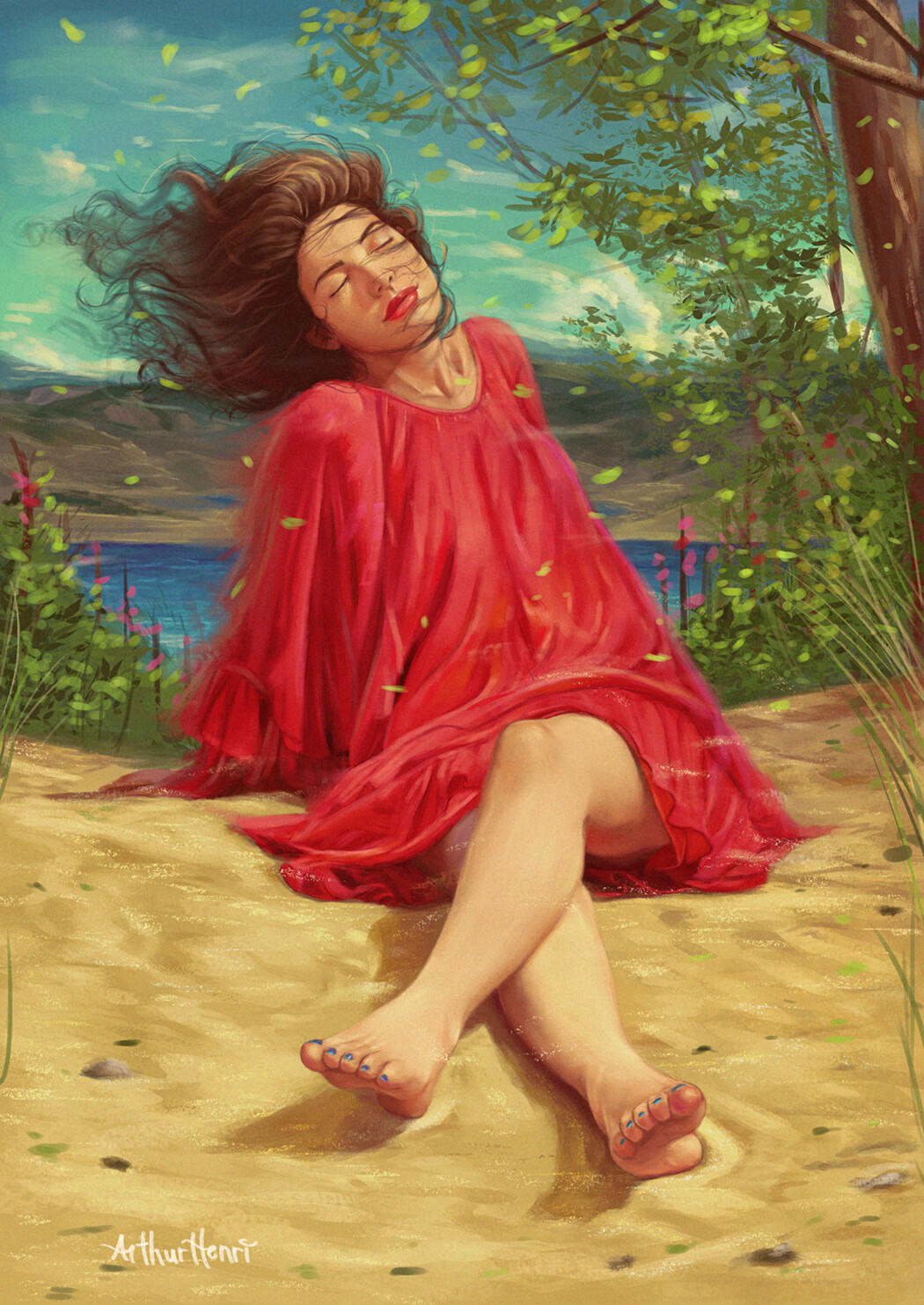 Фото Девушка в красном платье сидит на песке