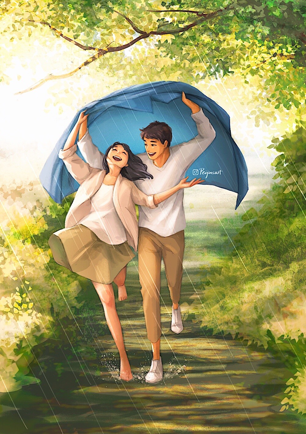 Фото Парень с девушкой, прикрывшись от дождя, бегут по дорожке