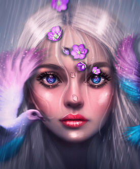 Фото Белокурая девушка с голубем и сиреневыми цветами