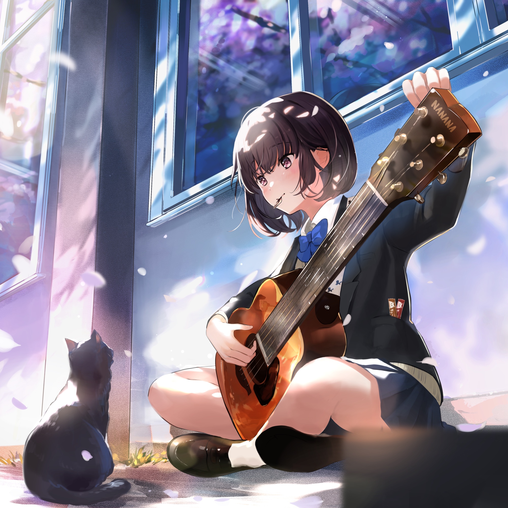 Фото Девочка играет на гитаре перед котенком, сидя у дома
