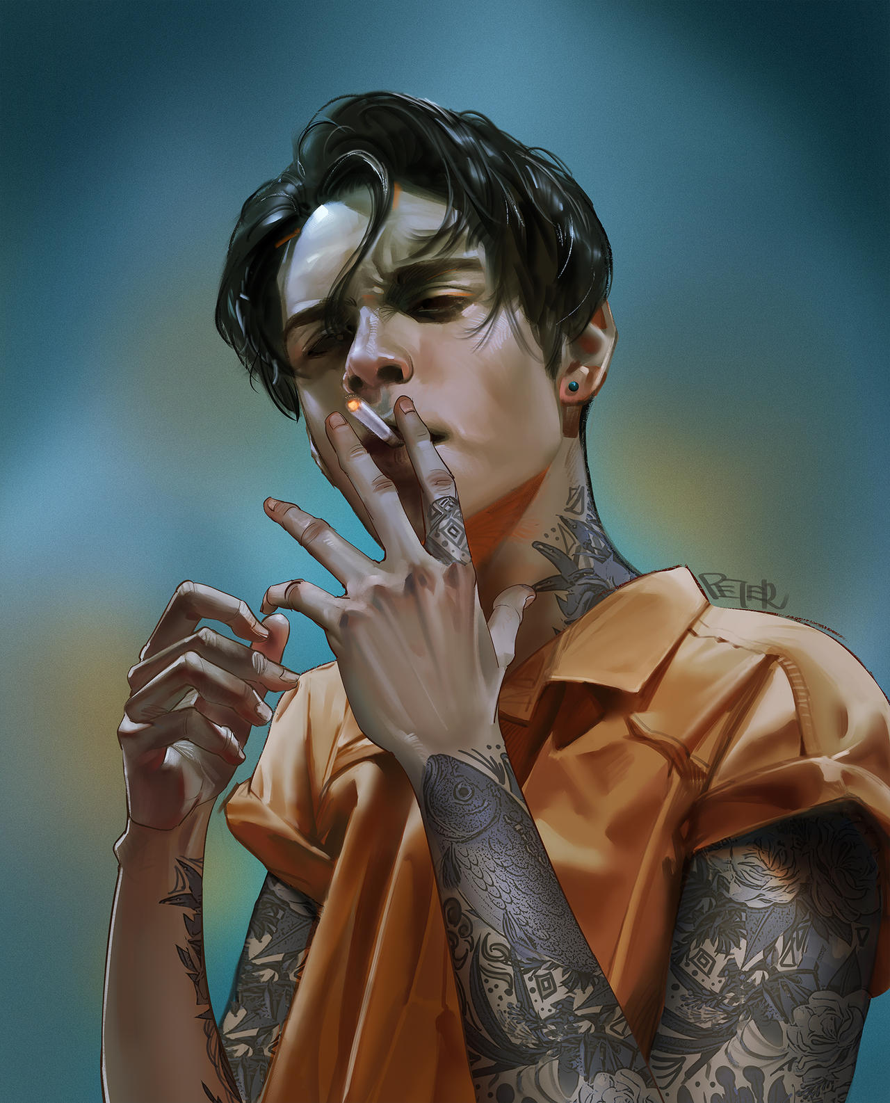 Фото Татуированный парень с сигаретой