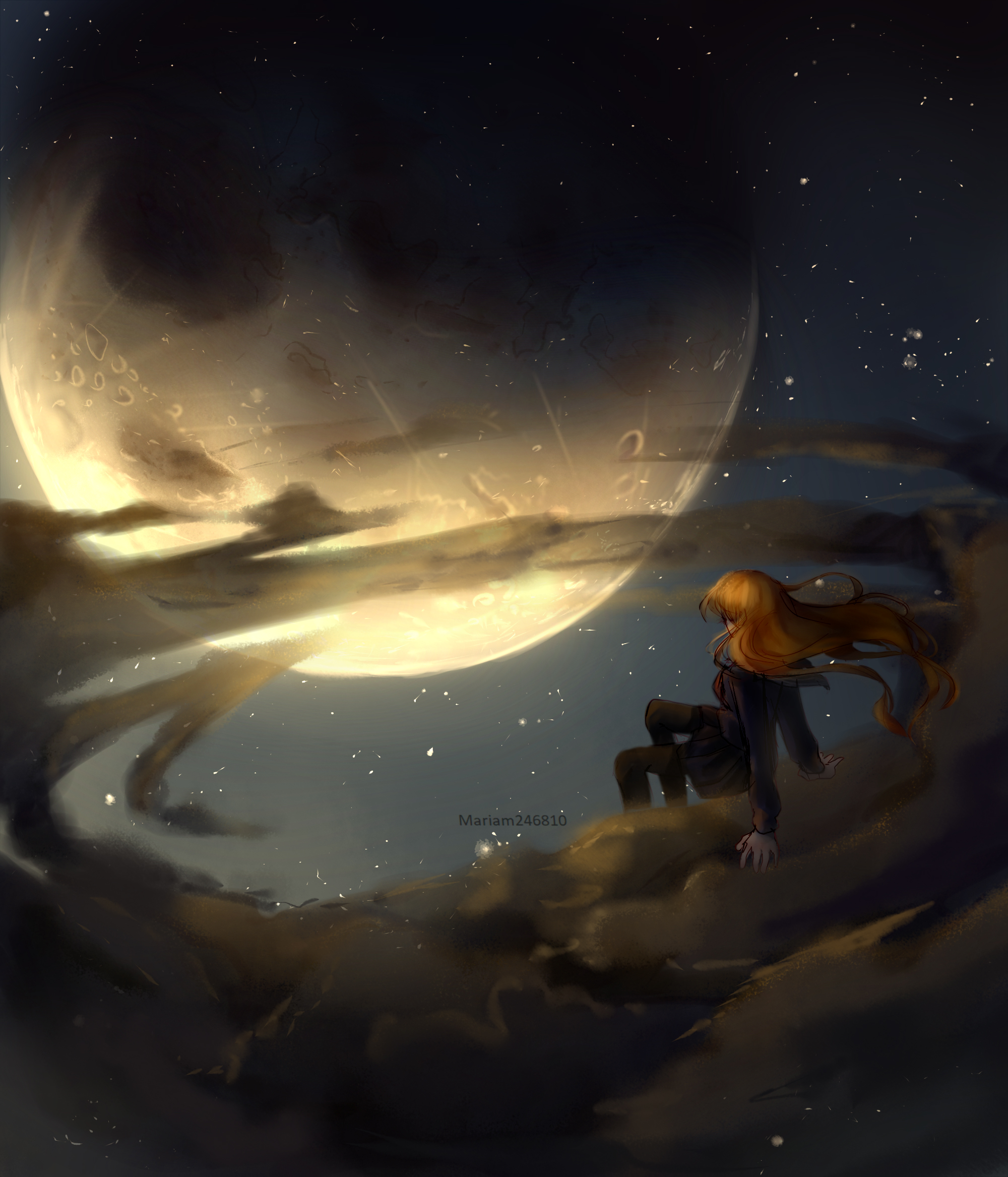 Фото Девушка сидит на облаке в ночном небе напротив луны
