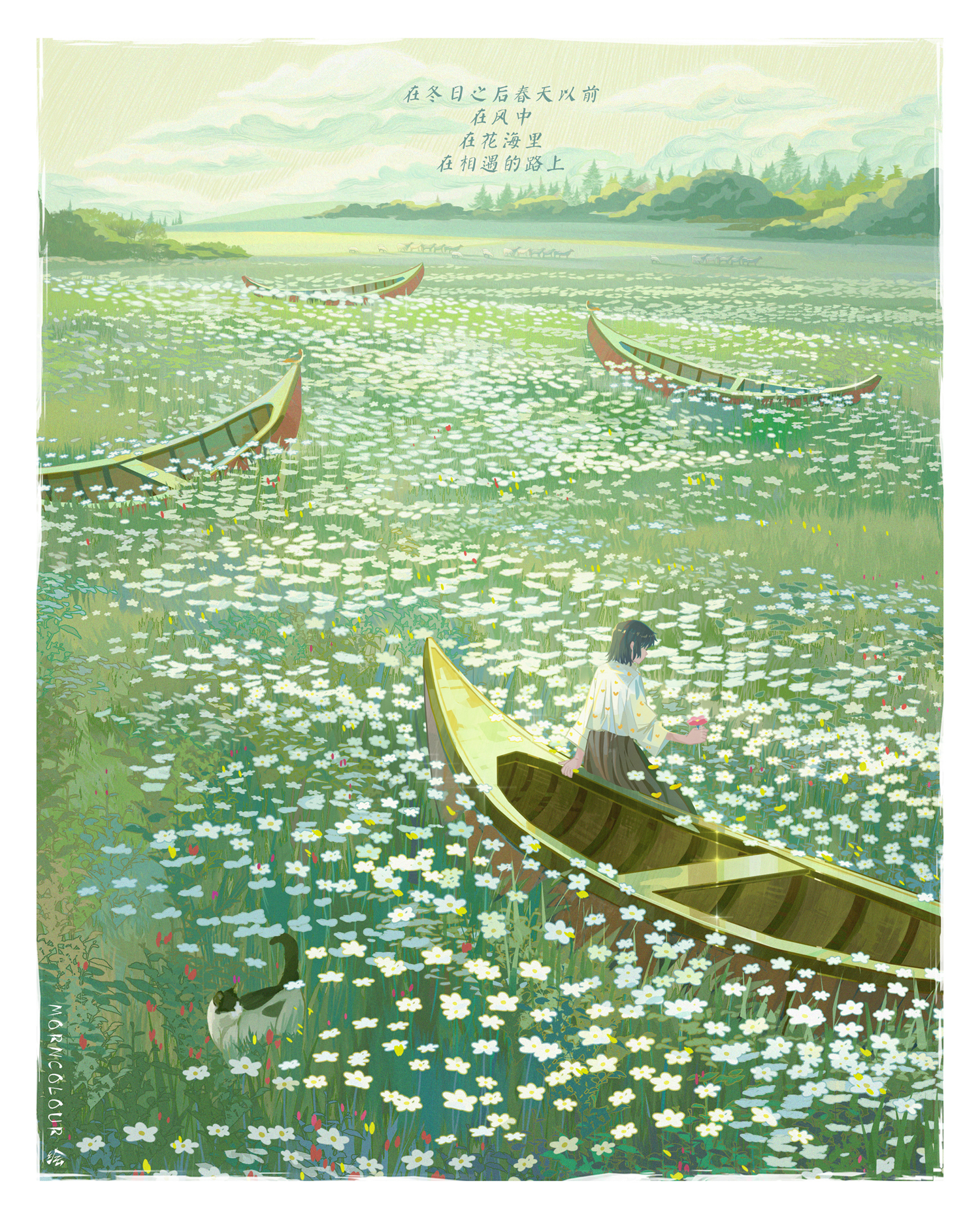 Фото Девушка с цветком в руке сидит на борту лодки на цветочной поляне, рядом гуляет кошка
