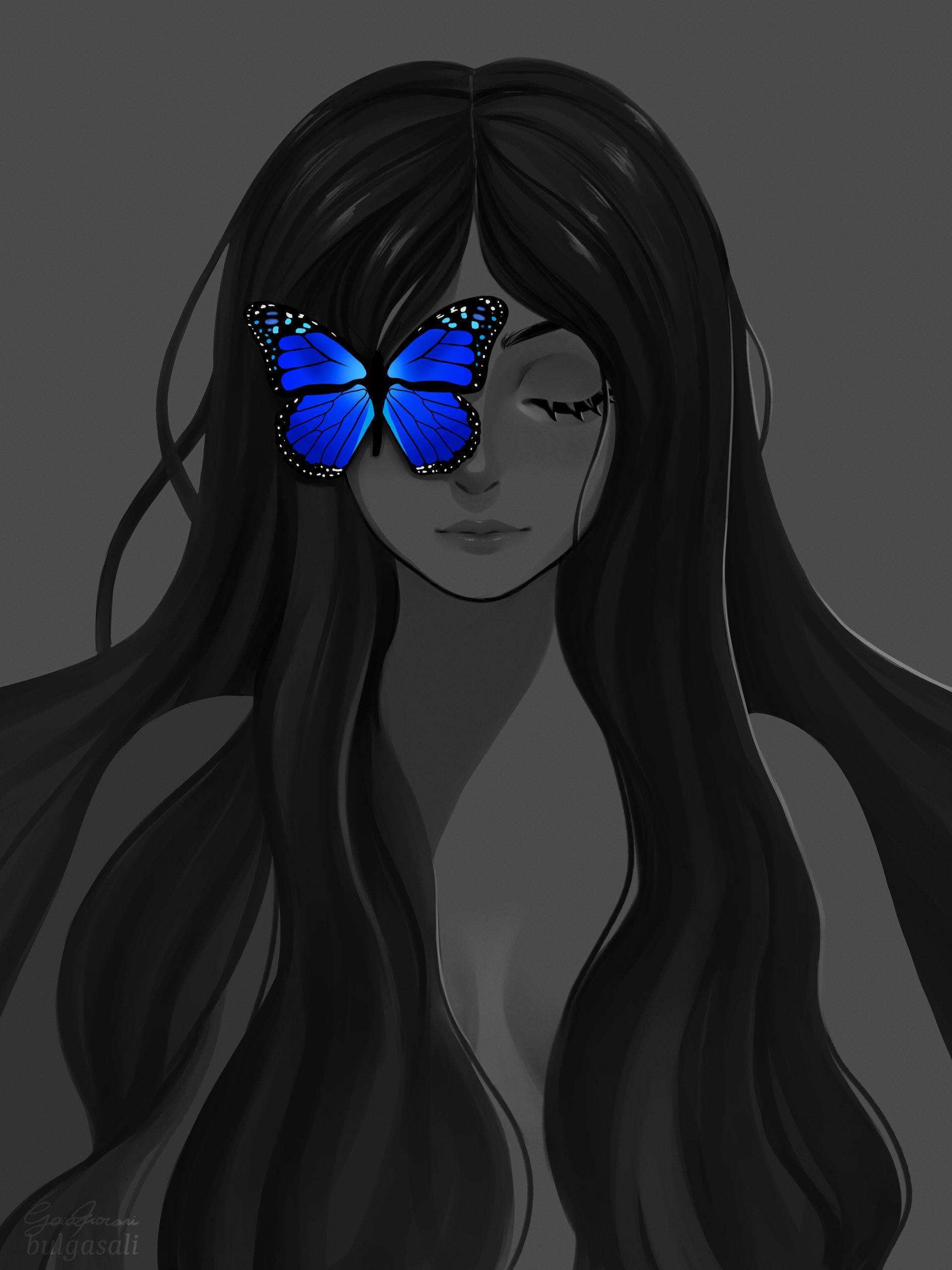 Фото Темноволосая девушка с голубой бабочкой на лице