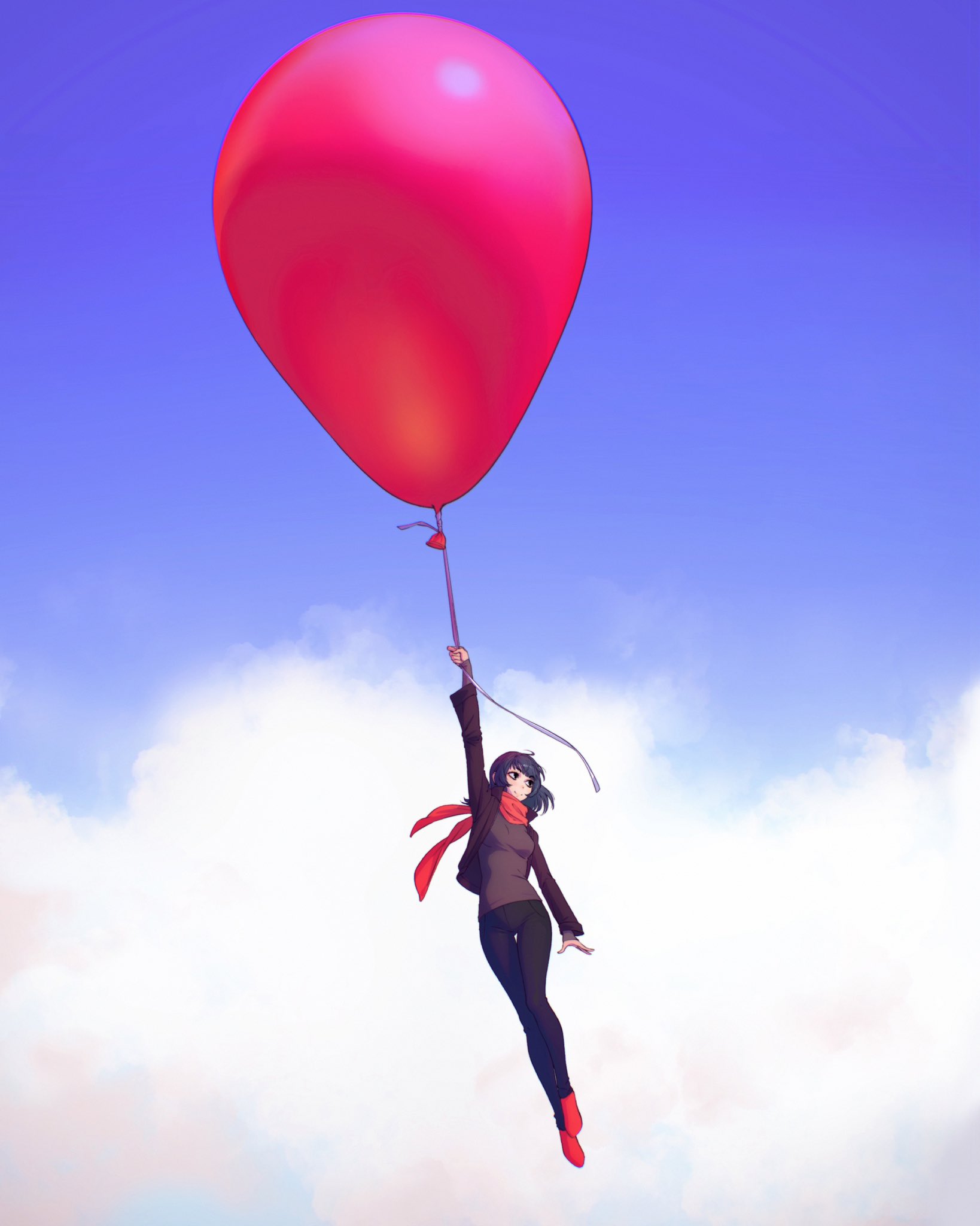 Фото Девушка на розовом воздушном шаре парит в небе