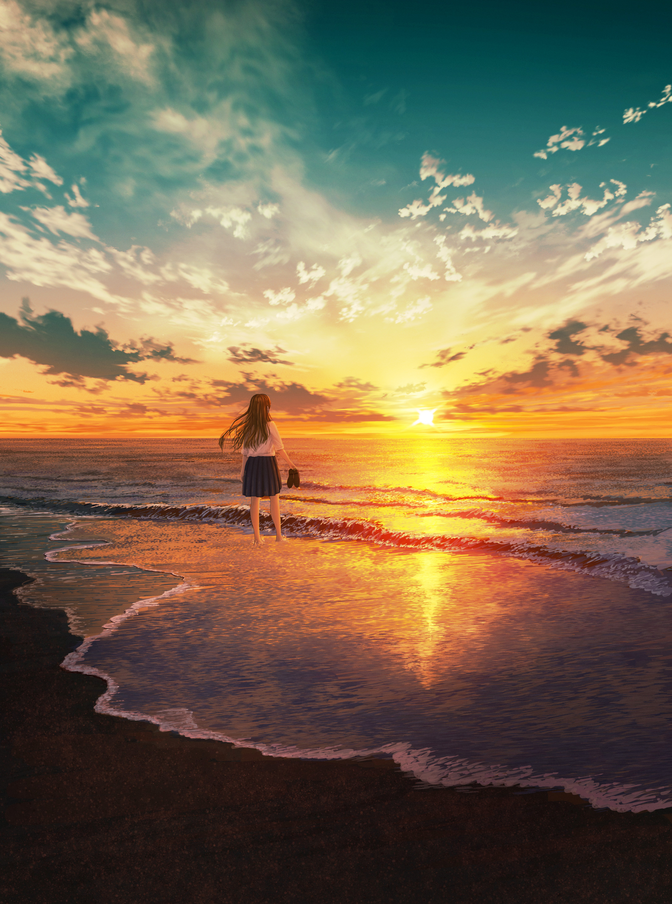 Фото Девочка в юбке и блузке, с туфлями в руках, стоит в морской воде на фоне заката