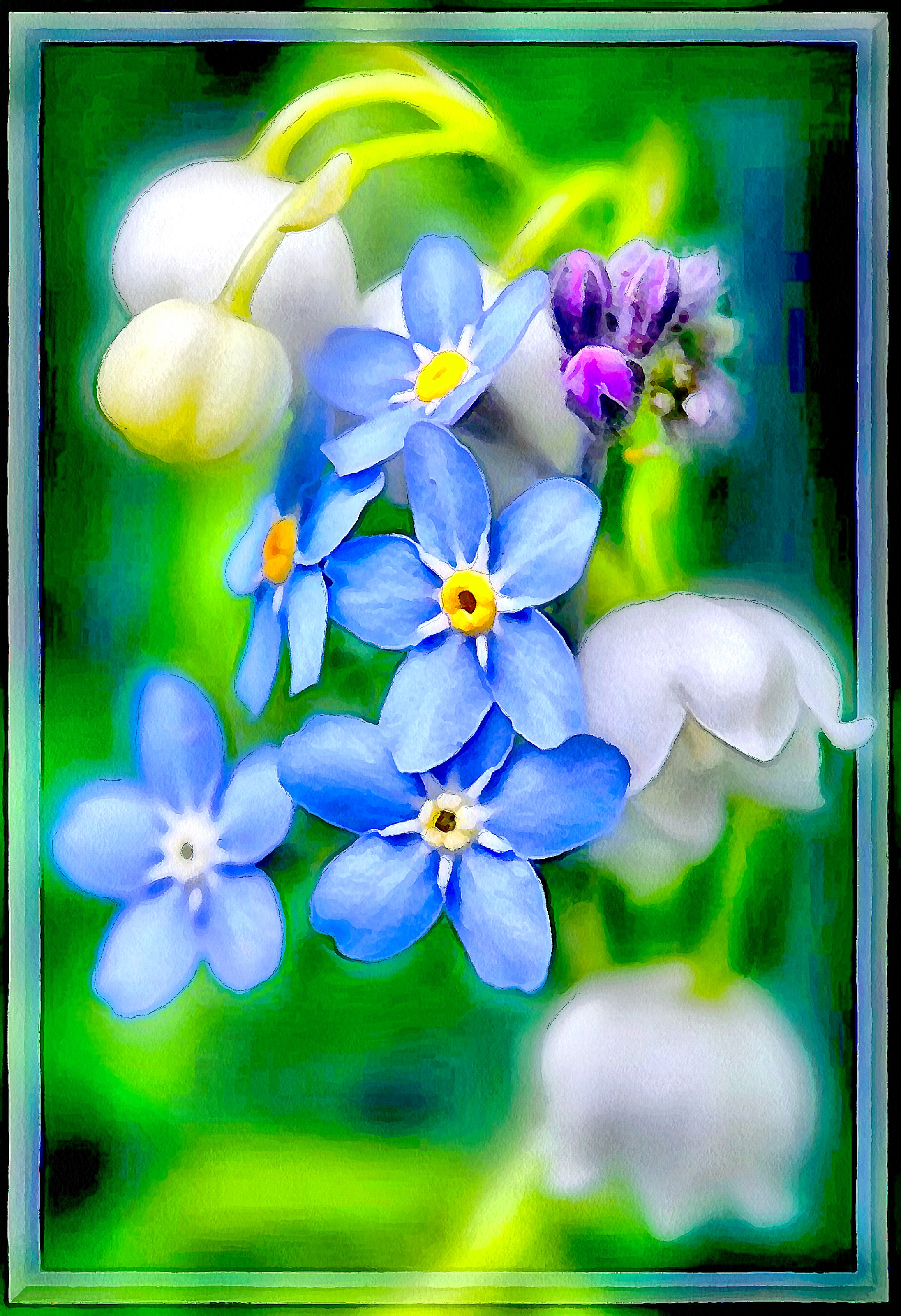Фото Букет цветов из ландышей, незабудок и ирисов