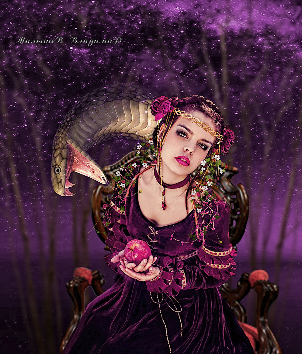 Фото Девушка сидит с яблоком через плечо змея