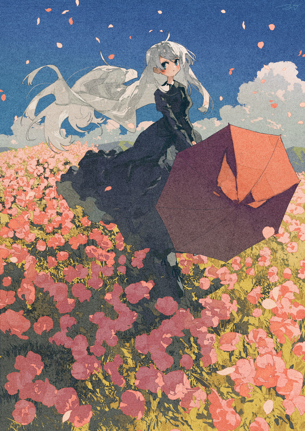 Фото Белокурая девушка с красным зонтом стоит на цветочном поле