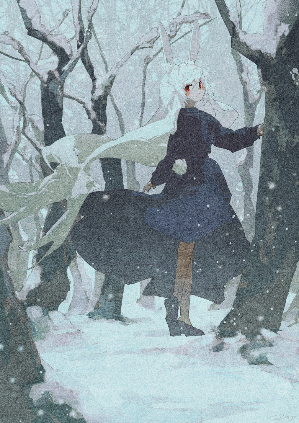 Фото Девушка с кроличьими ушками в зимнем лесу