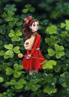 Фото Ариэтти / Arrietty из аниме Ариэтти из страны лилипутов / Karigurashi no Arrietty с английской булавкой в руках стоит среди клевера