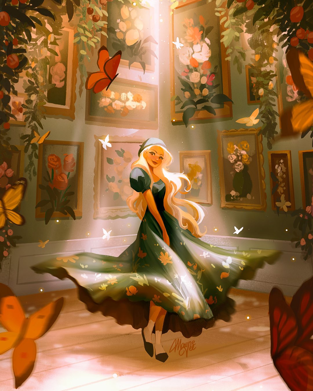 Фото Белокурая девушка в шляпке и развевающемся платье стоит в комнате с картинами на стенах в окружении бабочек
