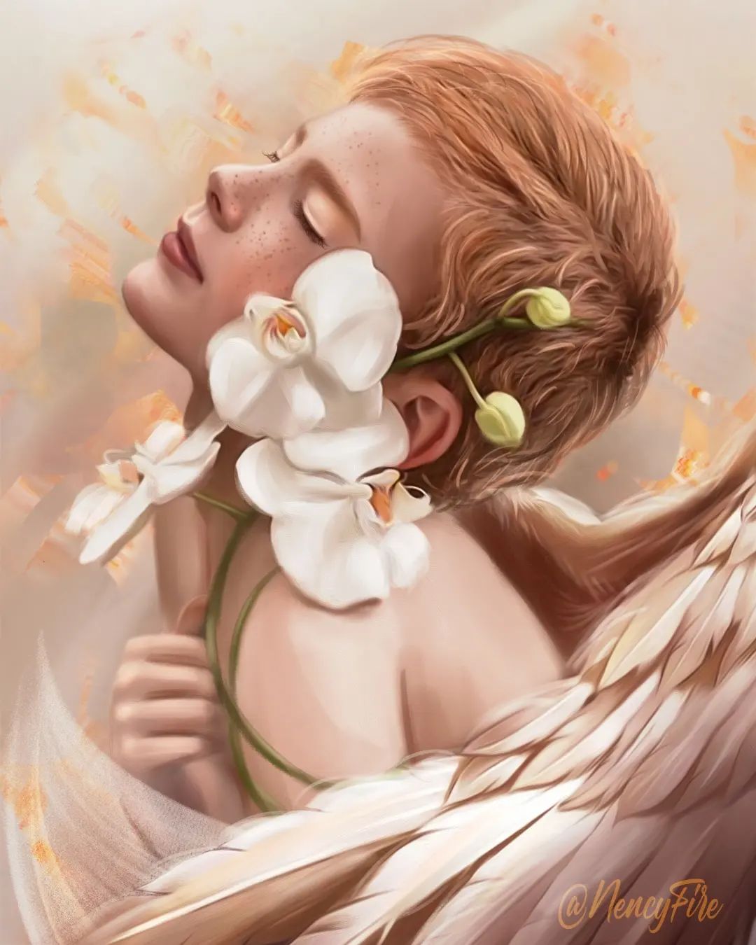 Фото Девушка - ангел с белой орхидеей у лица