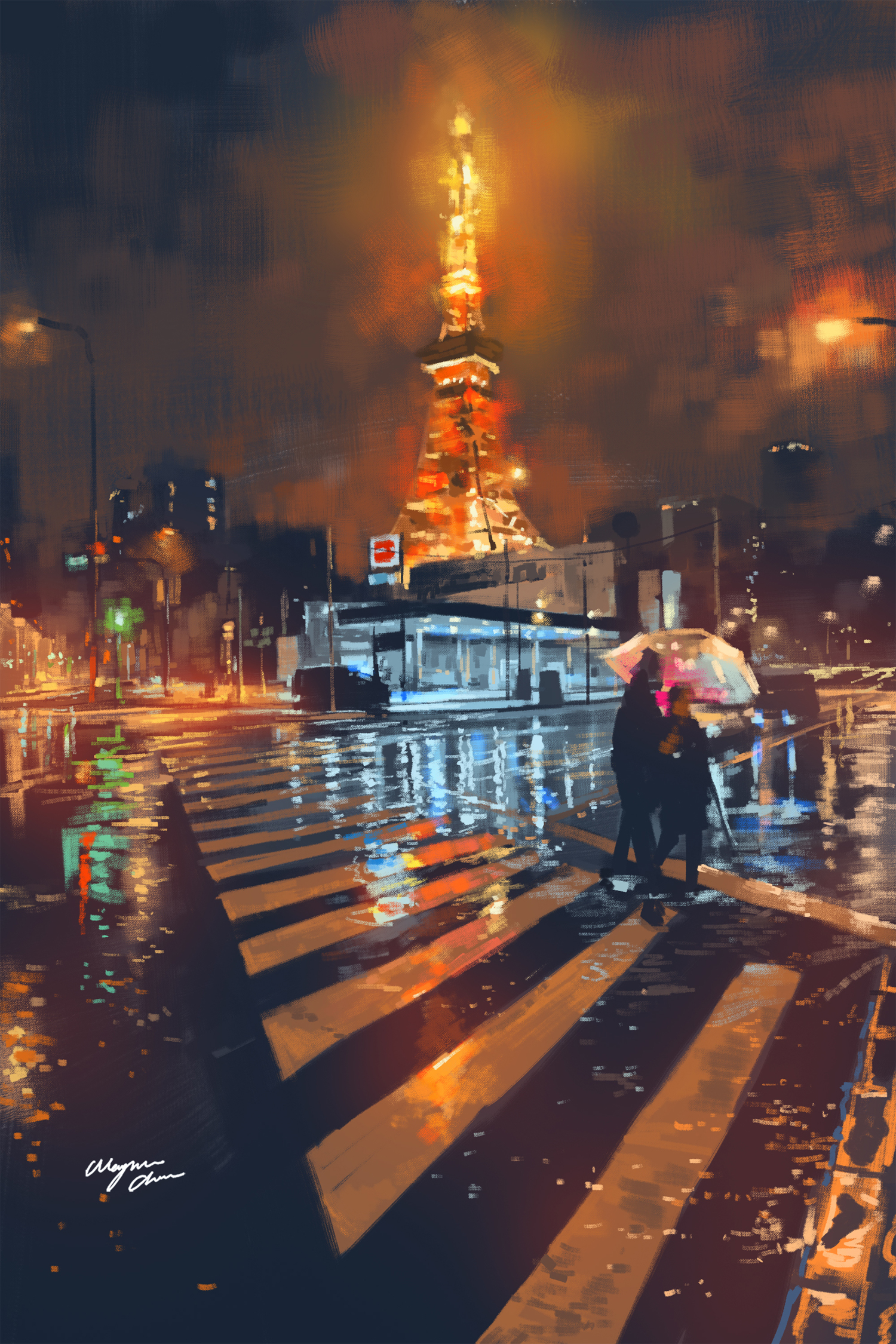 Фото Двое людей под зонтом переходят дорогу, Токио, Япония