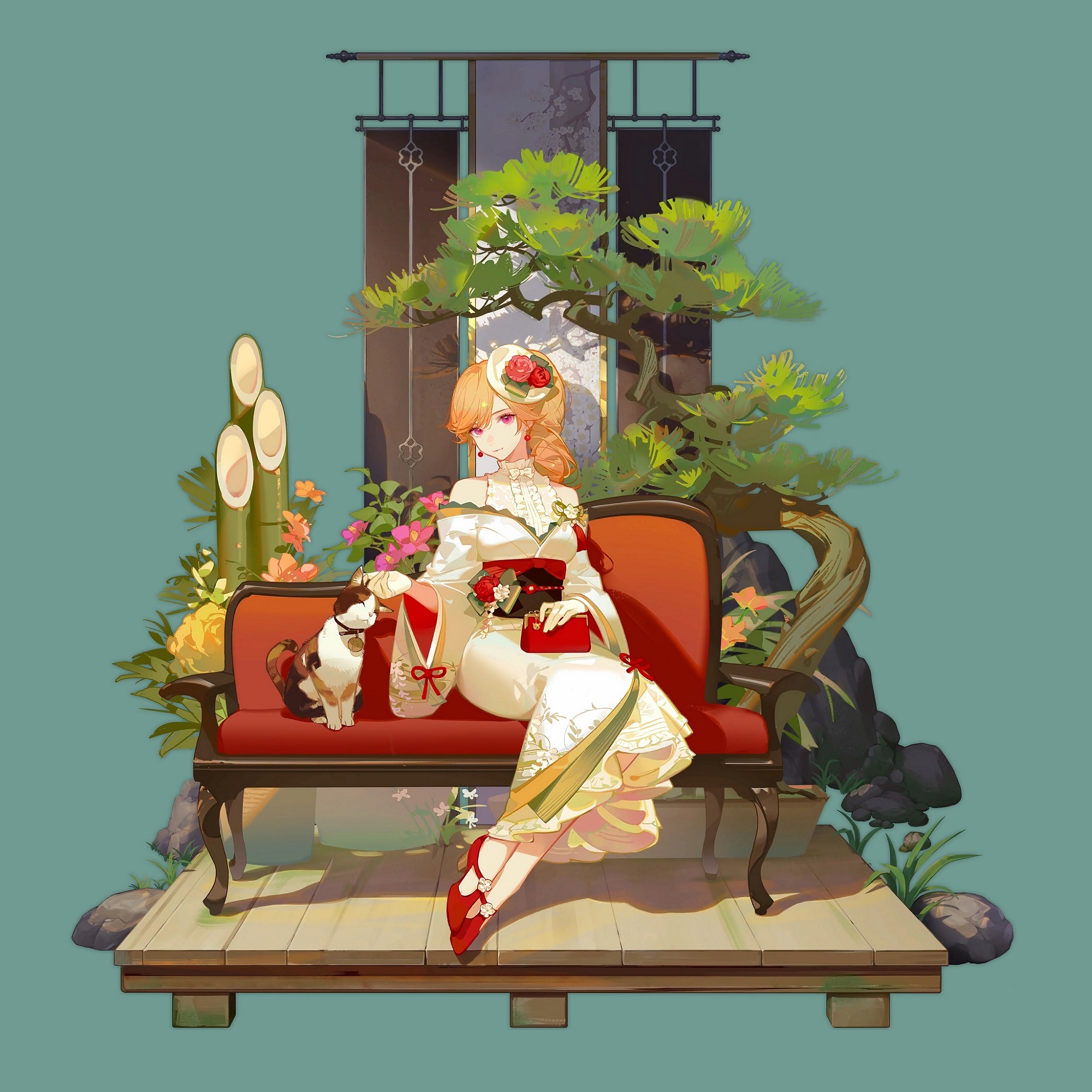 Фото Девушка в кимоно с кошкой сидит на диване на фоне ширмы и кедра, персонаж из аниме Azur Lane