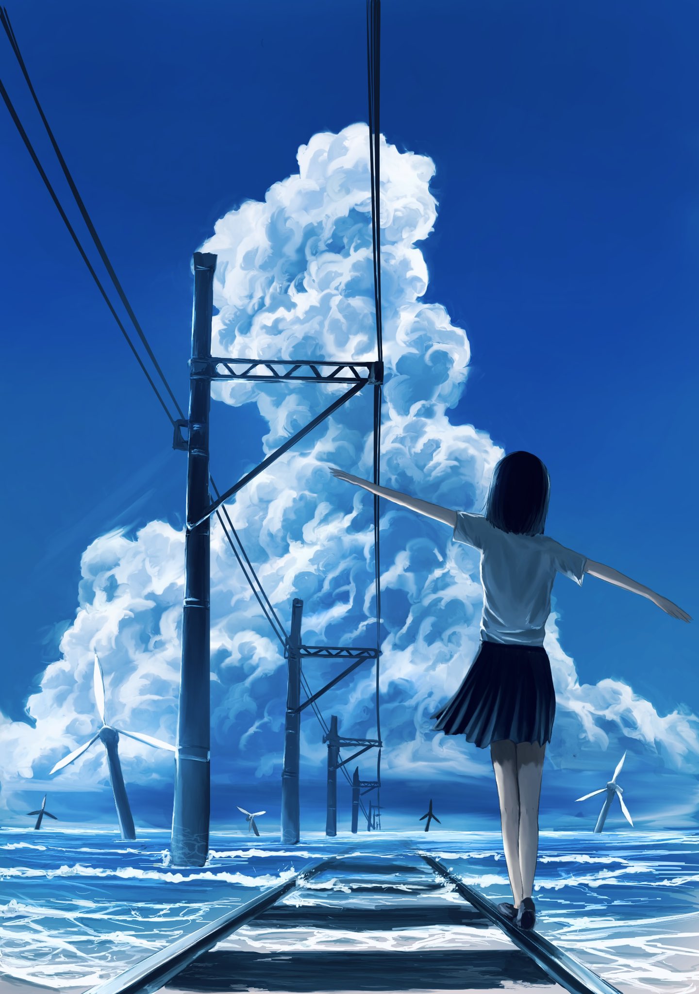 Фото Девочка в форме идет по рельсам, уходящим к огромному облаку на небе