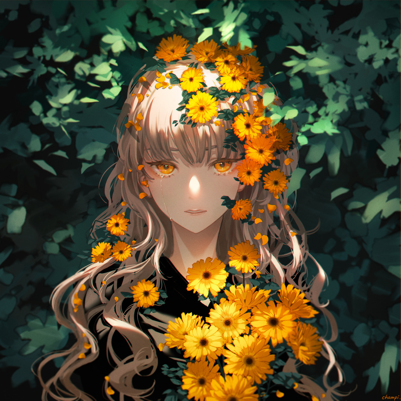 Фото Девушка с желтыми цветами в руках и на волосах