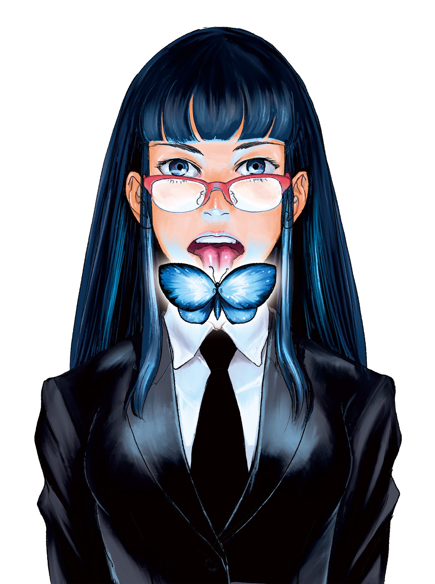 Фото Девушка в жакете, рубашке и галстуке в очках и с голубой бабочкой у рта, манга Toku Chou: Shikyoku Tokushu Chou Hanzai Taisakushitsu