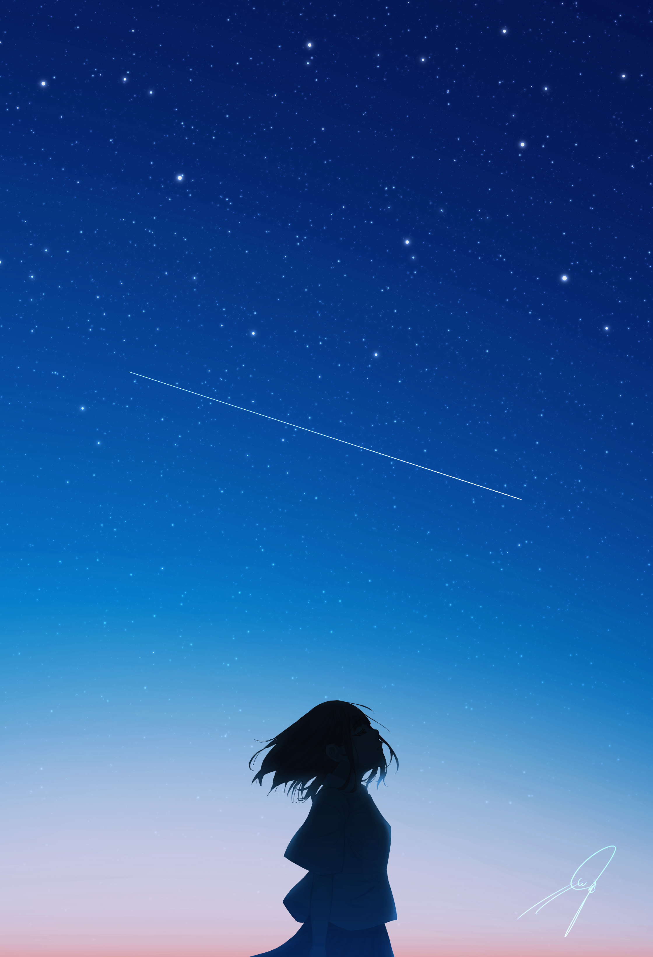Фото Девушка с закрытыми глазами стоит на фоне ночного неба с падающей звездой