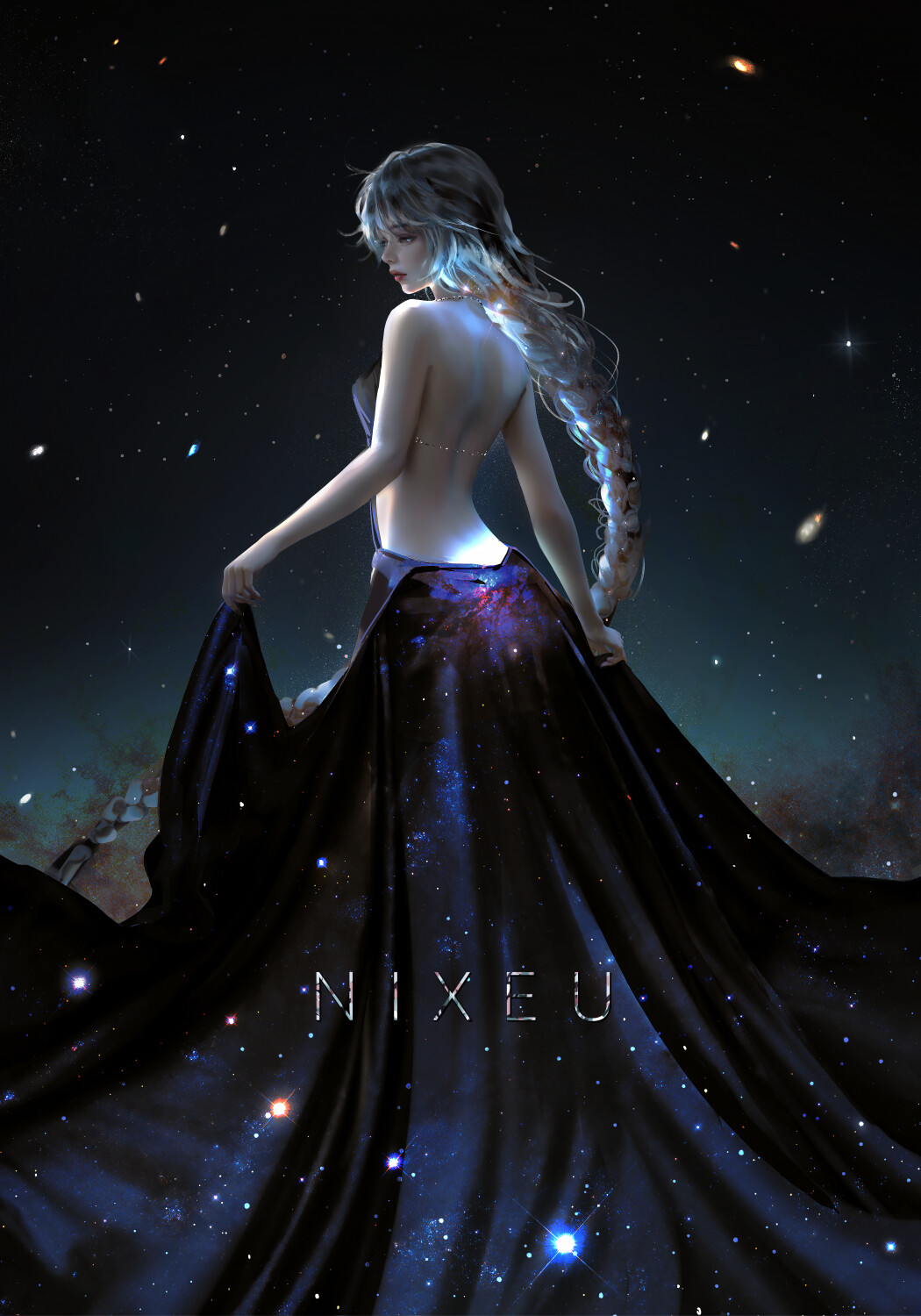 Фото Девушка в платье раскраса ночного звездного неба с оголенной спиной