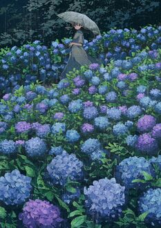 Фото Девочка стоит под зонтом среди цветущей гортензии
