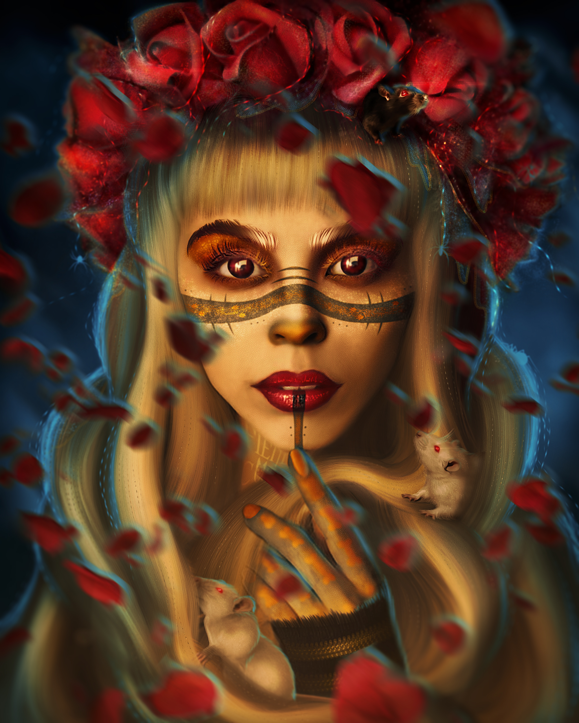 Фото Девушка с разрисованным лицом и венком из роз на голове