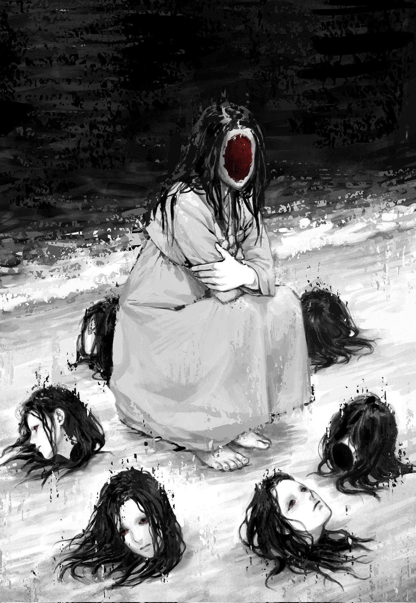 Фото Темноволосая девушка с зияющей раной вместо лица сидит в окружении отрубленных женских голов на морском берегу ночью