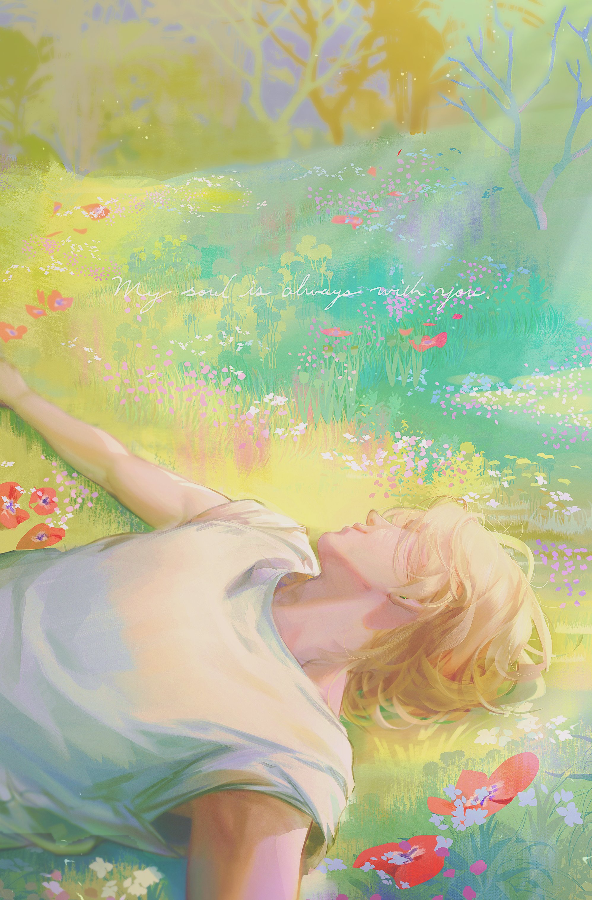 Фото Парень - блондин в белой футболке лежит на цветочной поляне, (My soul is always with you / Моя душа всегда с тобой)