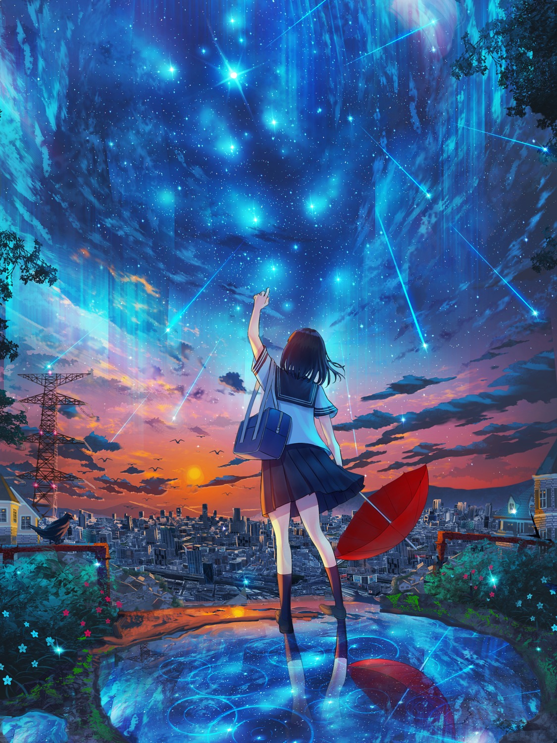 Фото Девочка в форме с сумкой и красным зонтом стоит на фоне города на фоне заката и неба с падающими звездами