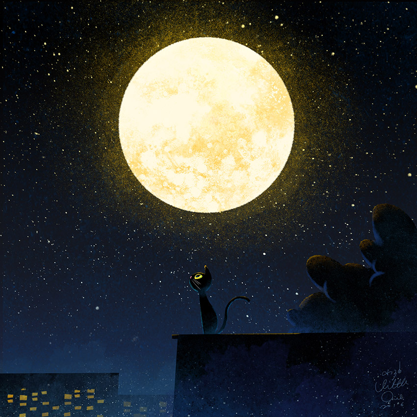Фото Котенок на краю крыши дома на фоне поной луны на ночном звездном небе