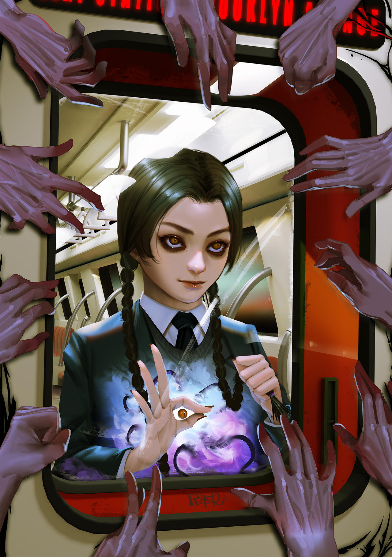 Фото Темноволосая девочка в школьной форме смотрит сквозь окно двери купе в окружении рук