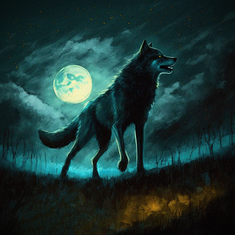 Фото Волк на фоне ночного неба с полной луной