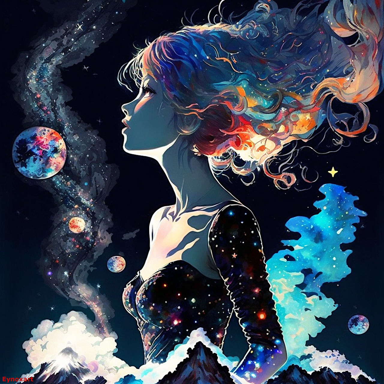 Фото Девушка с развевающимися голубыми волосами стоит на фоне планет