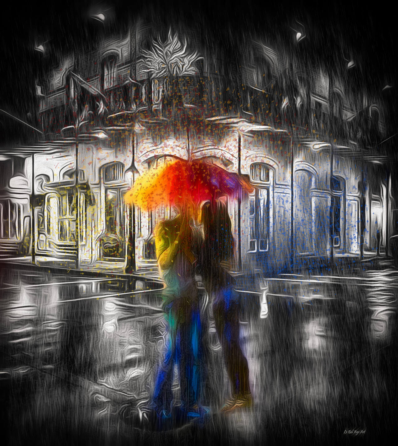 Фото Влюбленная пара стоит под зонтом на улице города