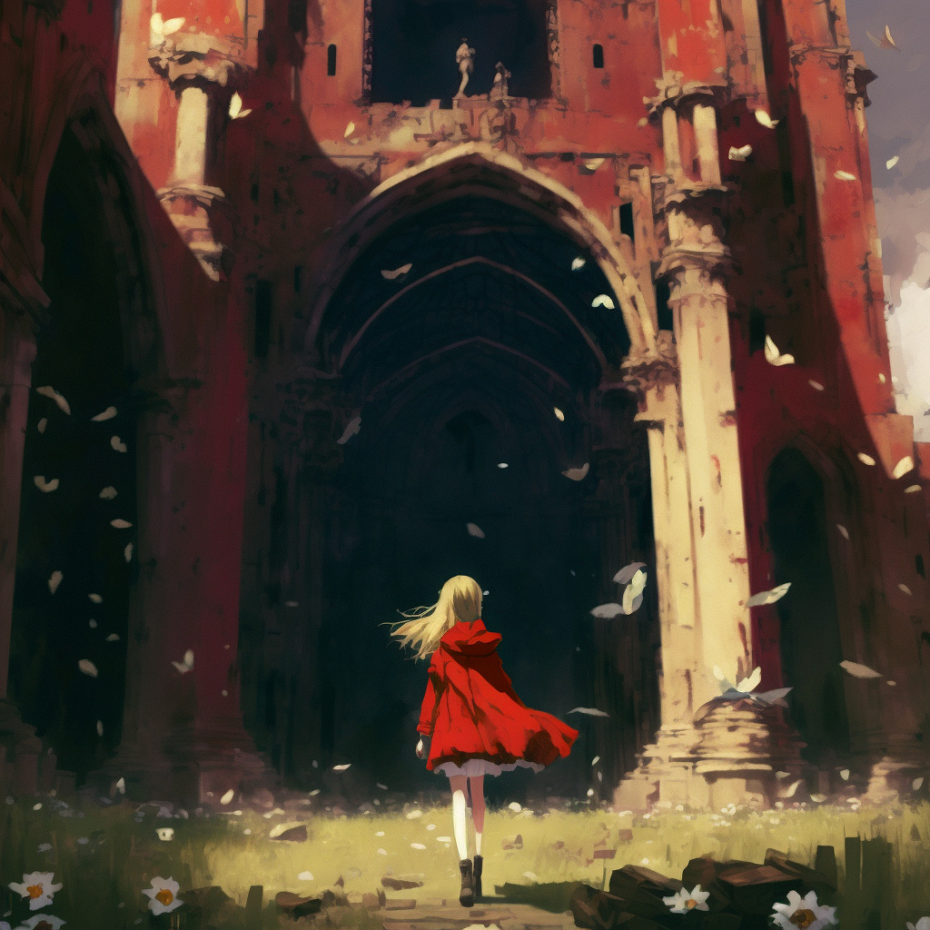 Фото Девушка в красном плаще стоит на фоне замка