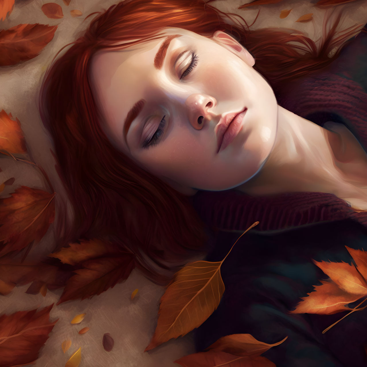 Фото Рыжеволосая девушка с закрытыми глазами и осенней листвой