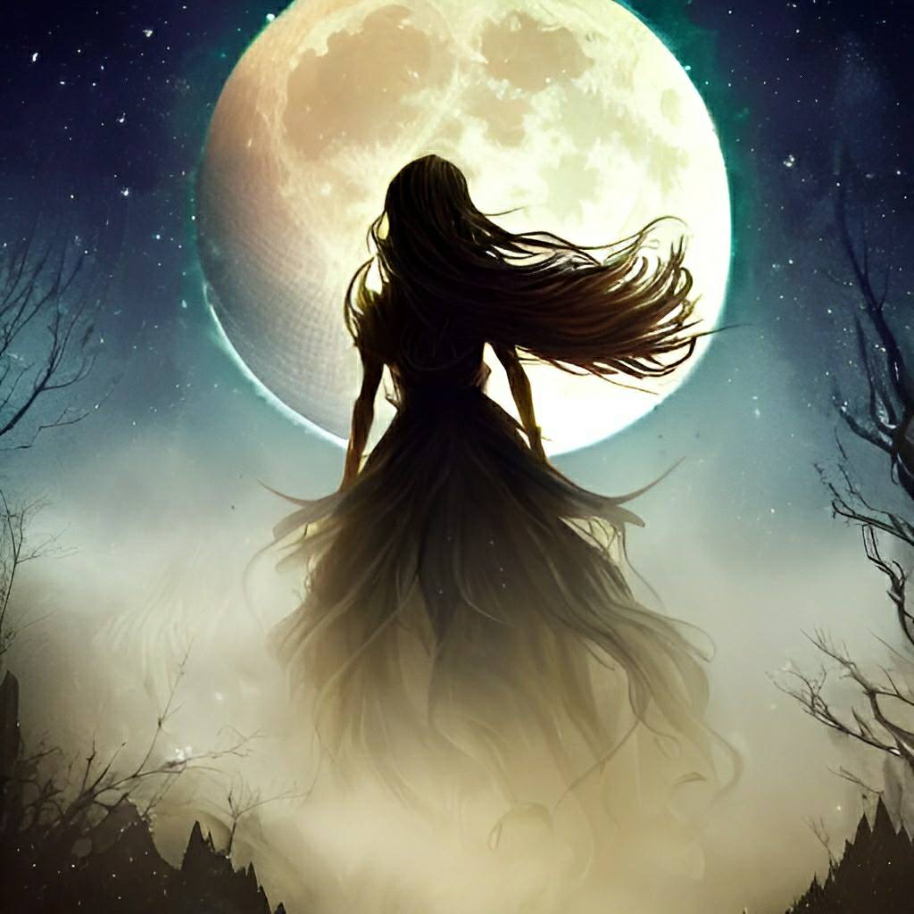 Фото Девушка с длинными развевающимися волосами в длинном платье стоит на фоне полной луны