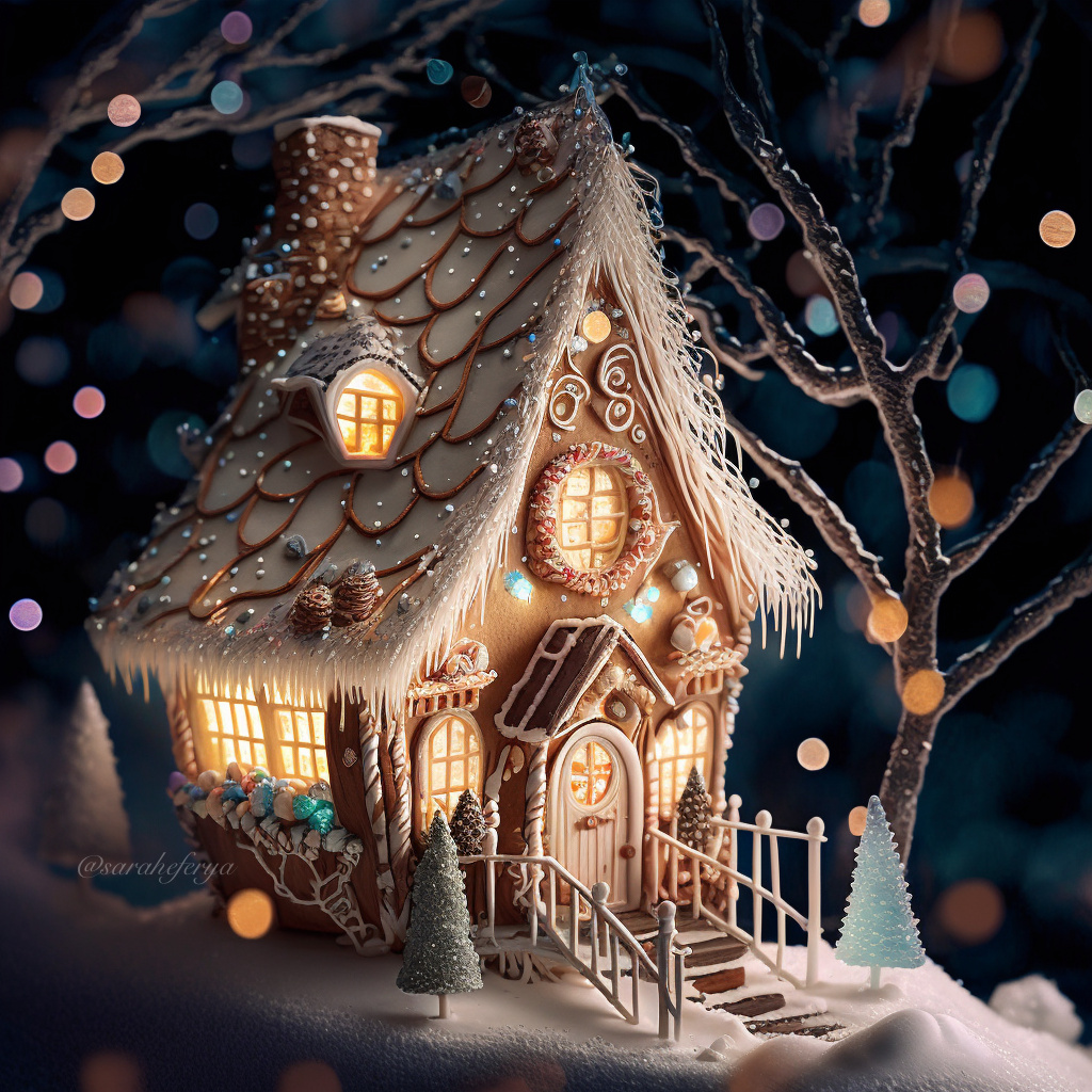 Фото Сказочный зимний домик в ночи