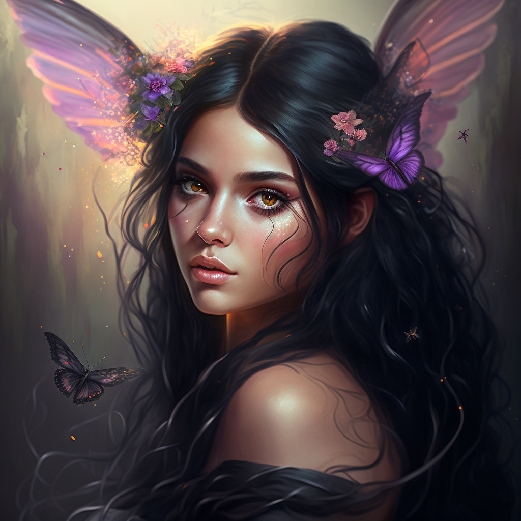 Фото Темноволосая девушка с цветами и бабочками на волосах