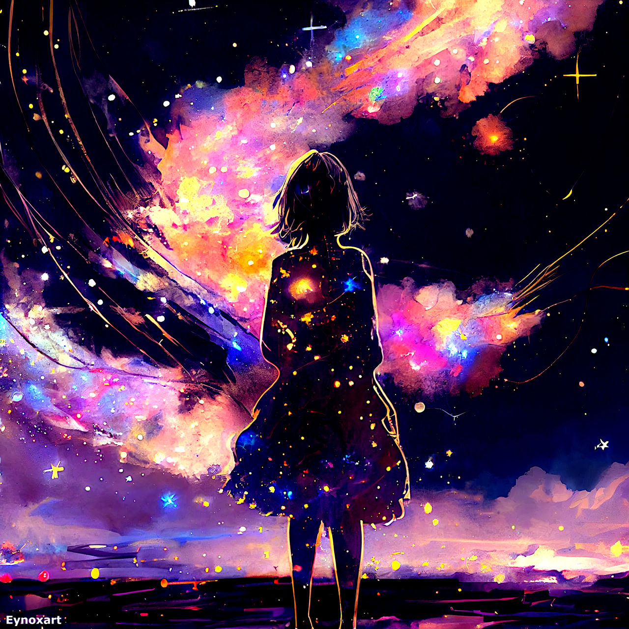 Фото Силуэт девушки на фоне ночного звездного облачного неба
