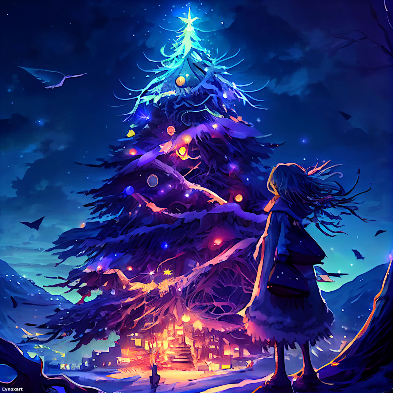 Фото Девочка стоит на фоне светящейся новогодней елки