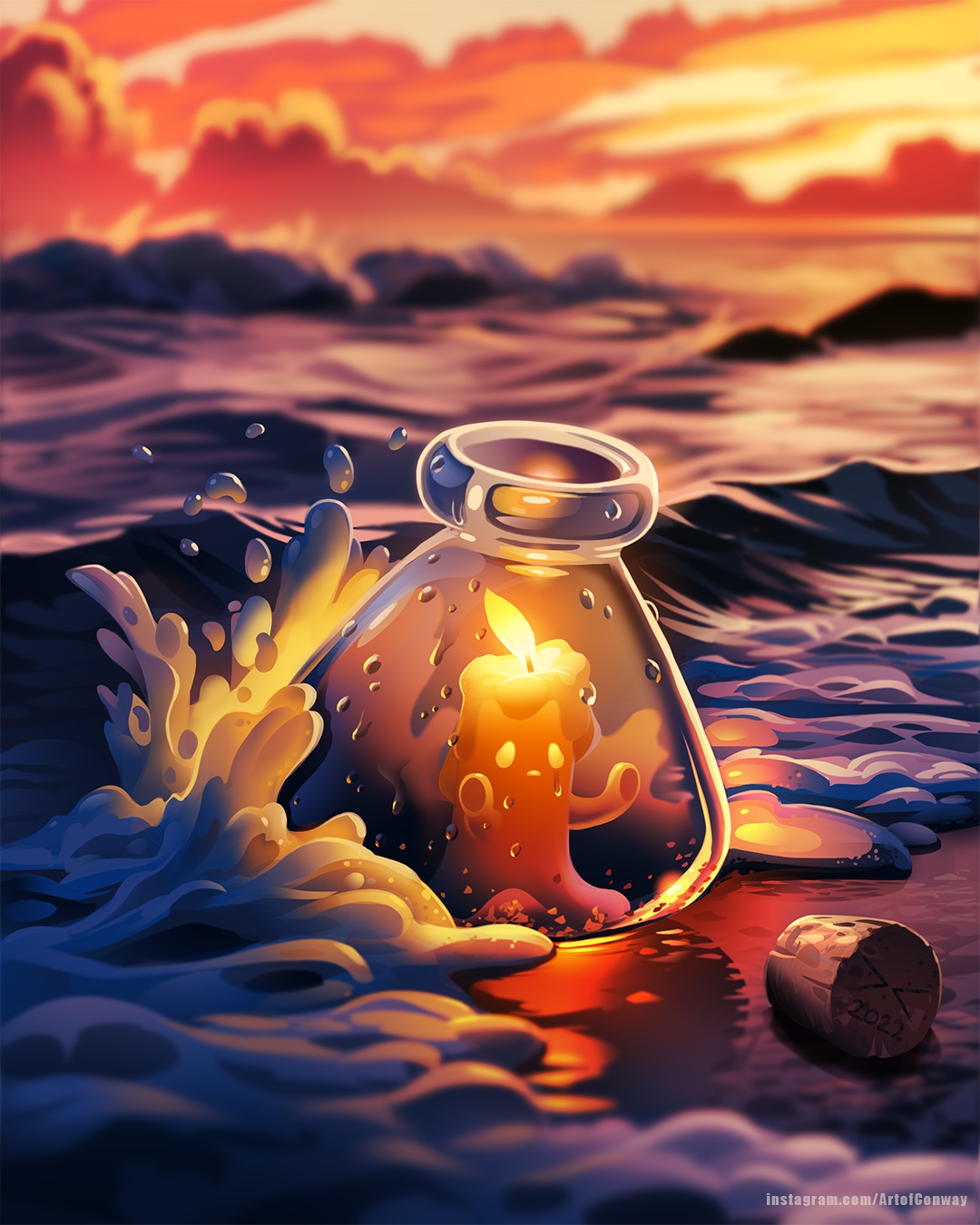 Фото Горящая свеча в пузырьке на морском берегу